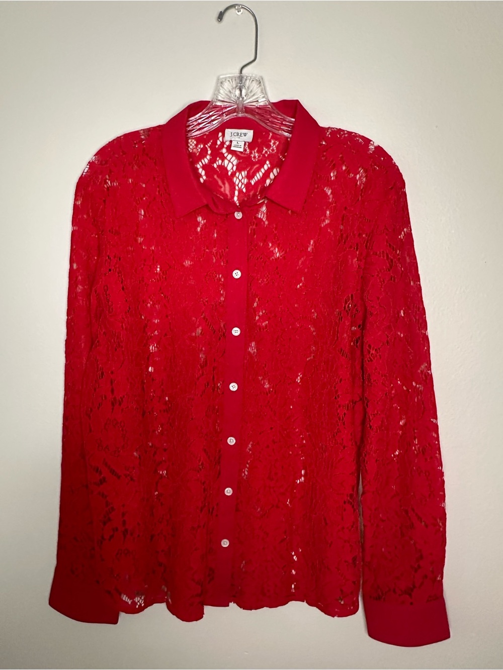 Jcrew LG lace button front blouse w/ long sleeves and coordinated fabric trim